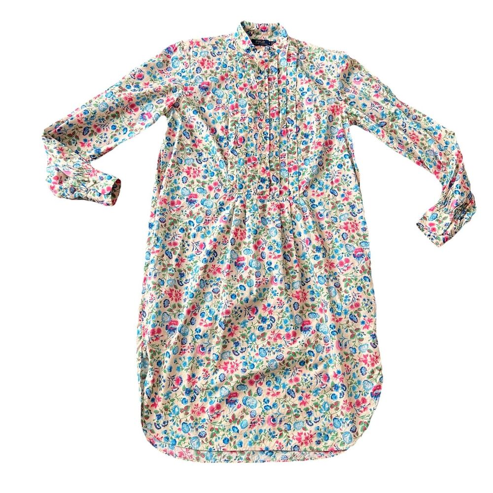 Polo Ralph Lauren Women’s Midi Shirt Dress 4 Floral Pintuck Cottage Pockets